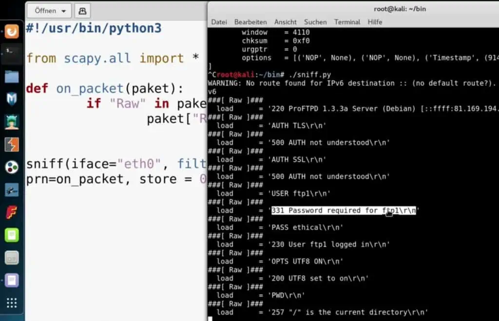Netzwerk Sniffing - Python Script für das Sniffing einer Ethernet-Verbindung unter Kali Linux