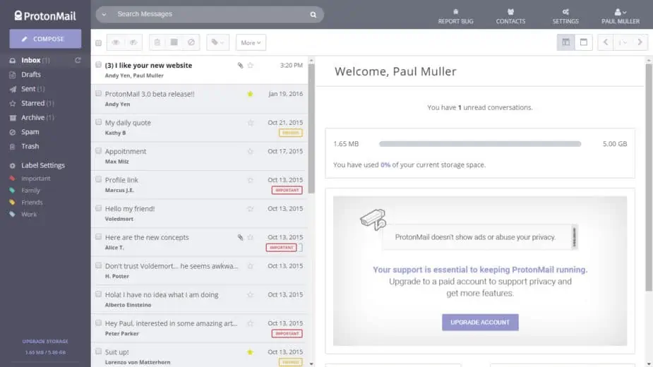 ProtonMail Test 2019 - Inbox