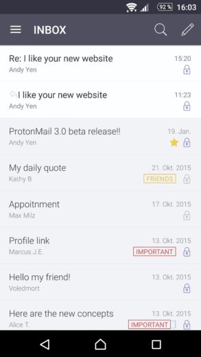 ProtonMail Test 2020 Posteingang Mobile Device