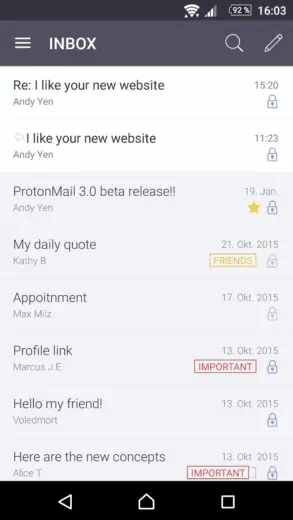 ProtonMail Test 2020 Posteingang Mobile Device