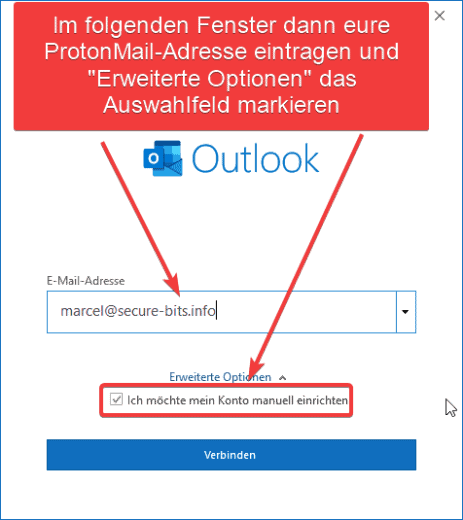 OUTLOOK ProtonMail Adresse eingeben