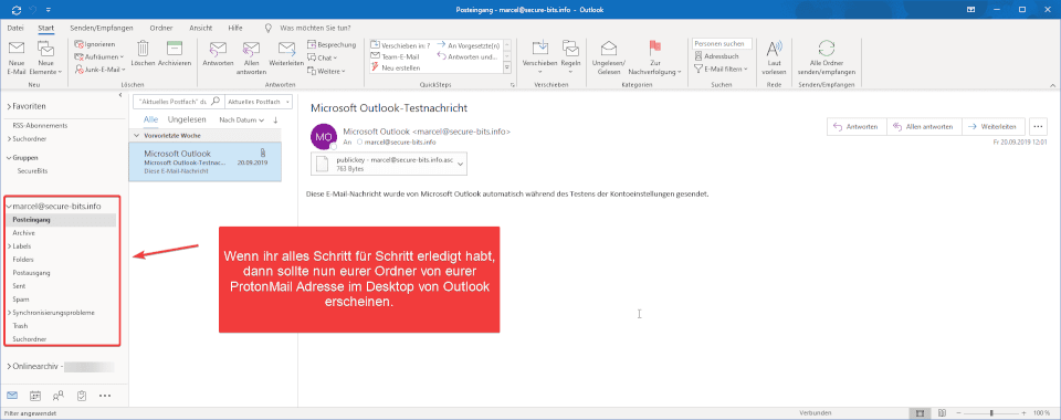 ProtonMail Outlook Einrichtung abgeschlossen
