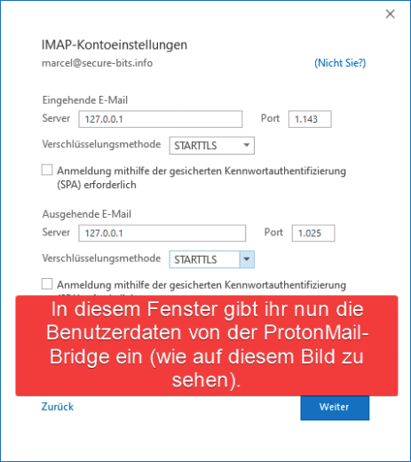 ProtonMail Outlook Konto hinzufügen Serverdaten