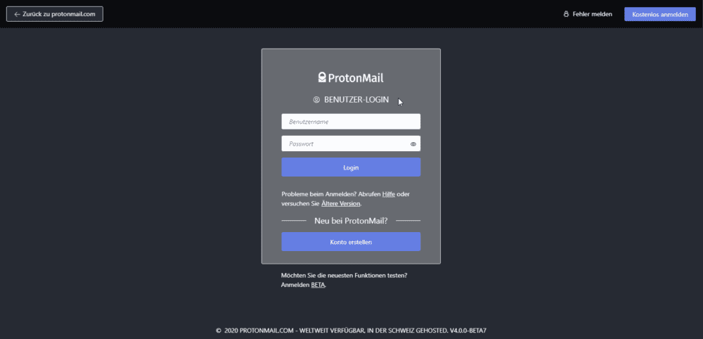 ProtonMail Beta Anmeldung