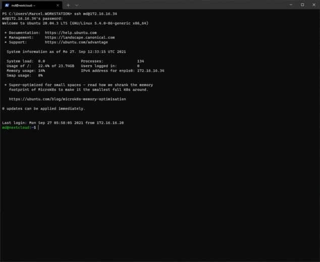 Bild 1 - Mit WindowsTerminal per ssh mit dem Ubuntu-Server verbinden