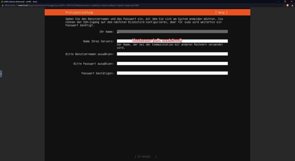 Bild 9 - Ubuntu Server Installation - Benutzer und Hostnamen vergeben